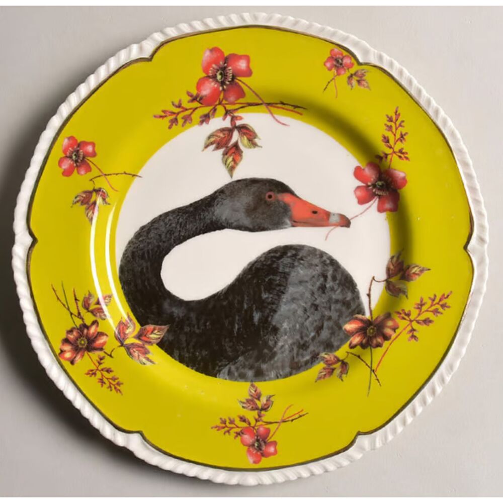 ANTHROPOLOGIE Black Swan Yellow Edge Salad/Dessert Plate SZ 9 1/4" Discontinued - Picture 3 of 8